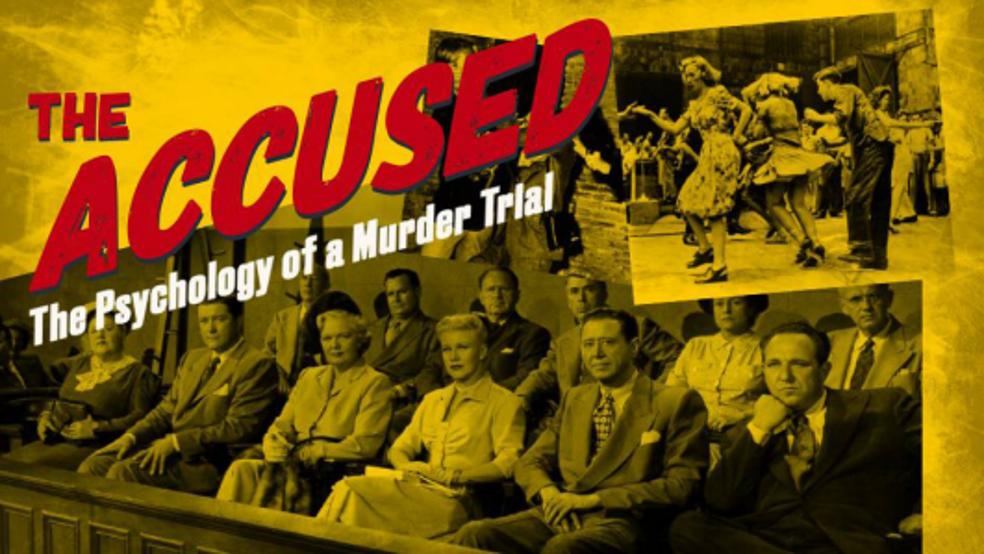 yellow poster for the event with 'the accused' written in bright red across the top left hand corner