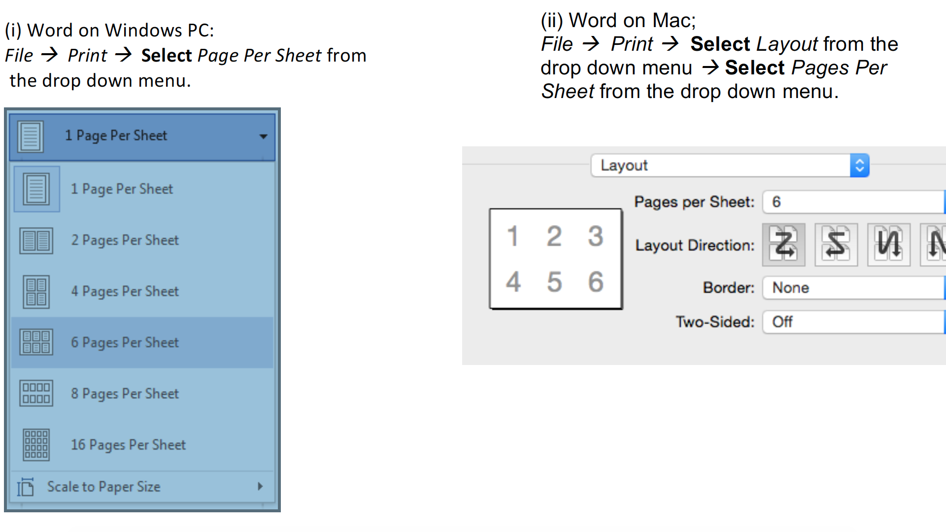Screenshot of print layout settings panes