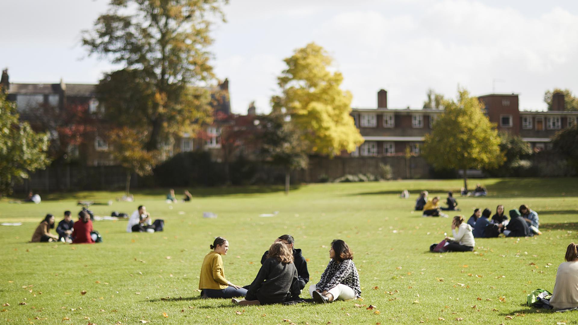 Students sitting on the college green on a sunny day