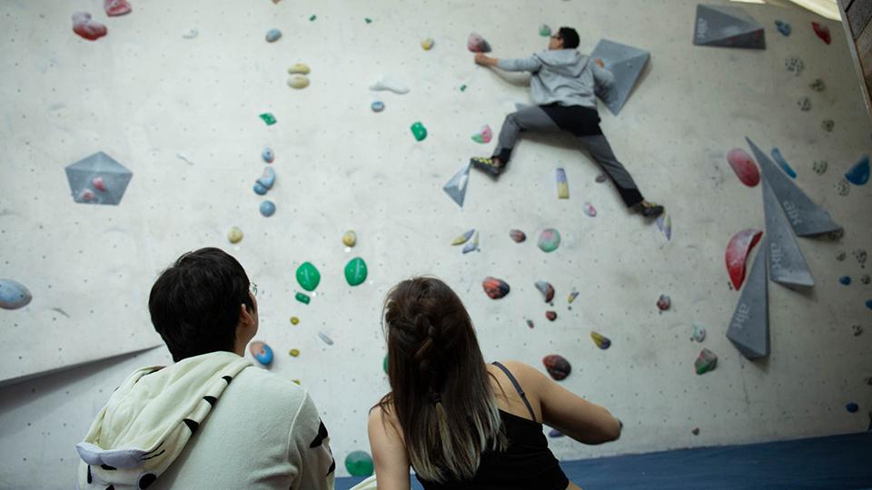 Students climbing a bouldering wall whilst others look on